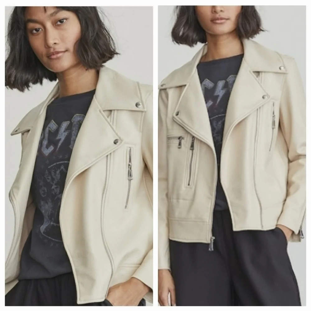 Elizabeth and James Cream Faux Leather Asymmetric Zip Moto Jacket